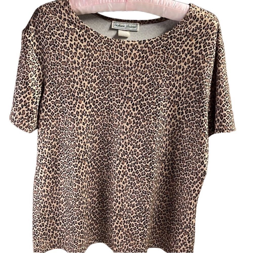 Stephanie Andrews Leopard Print Vintage Top, Scoop Neck Size L, Brown and Black